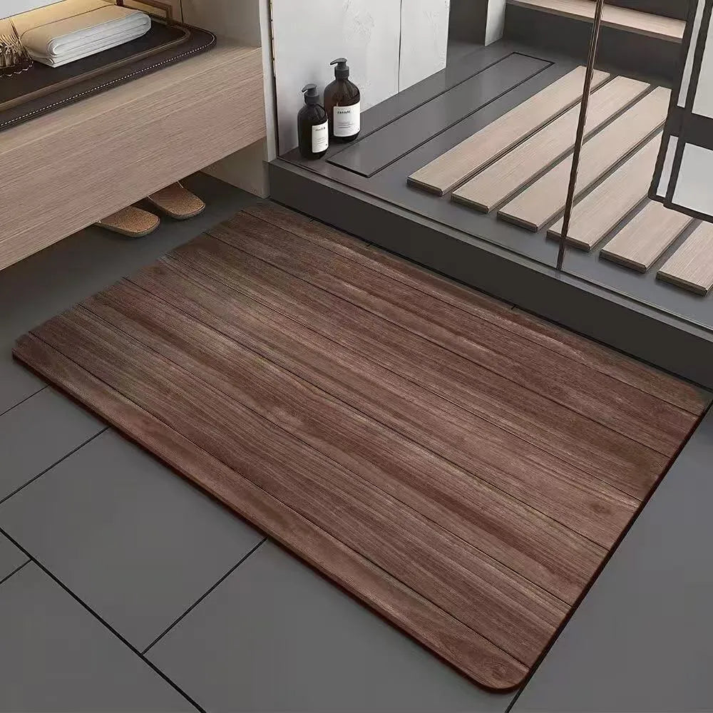 Square American-style wood grain geometric pattern floor mat for bathroom entrance.