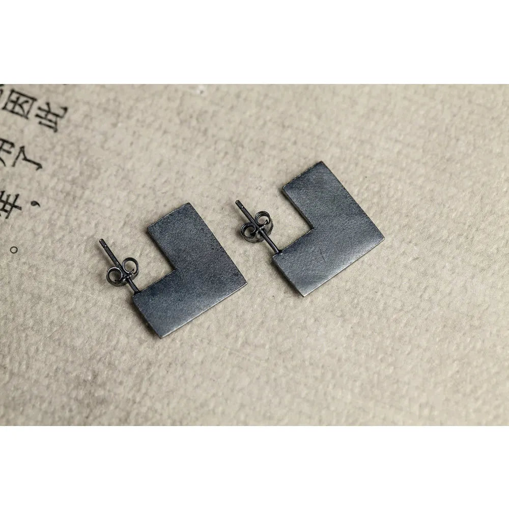 Square oxidised black sterling silver earrings with geometric minimalist design