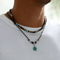 Men's round coconut shell and turquoise mixed gem inlay pendant necklace on leather wax line cord