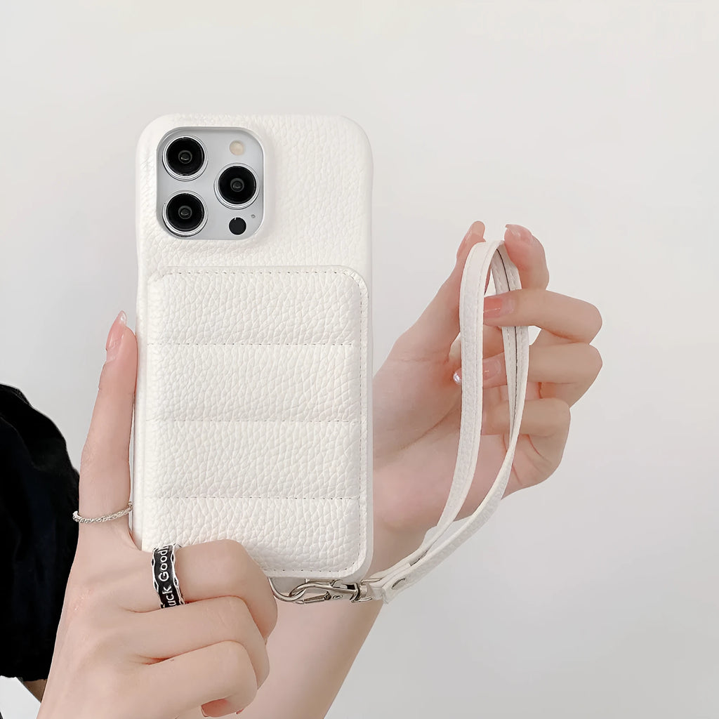 PU leather card holder phone case with lanyard and stand for iPhone 14, 15 and 16 in black, grey, brown, pink, purple, green or white