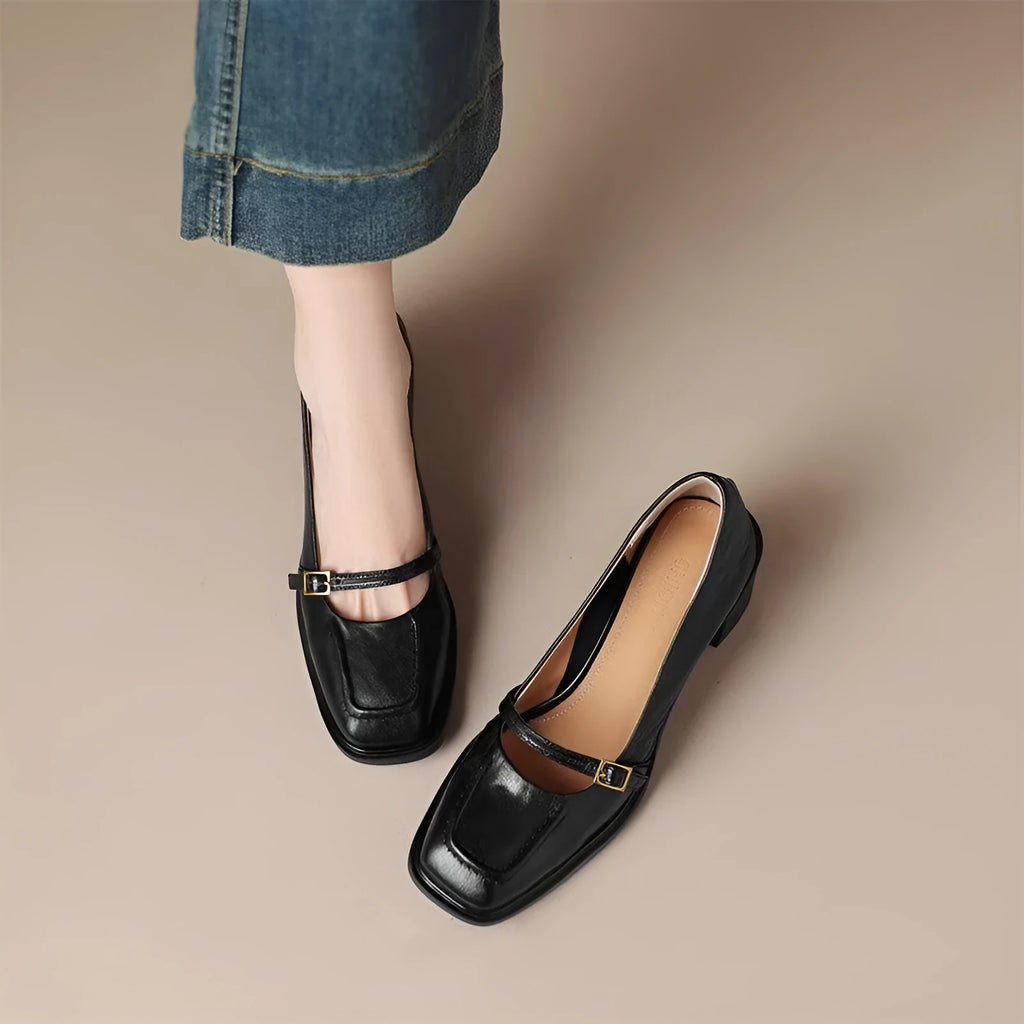 Women's retro square toe high heel pumps in black or dark brown with buckle fastening, sizes 35-40