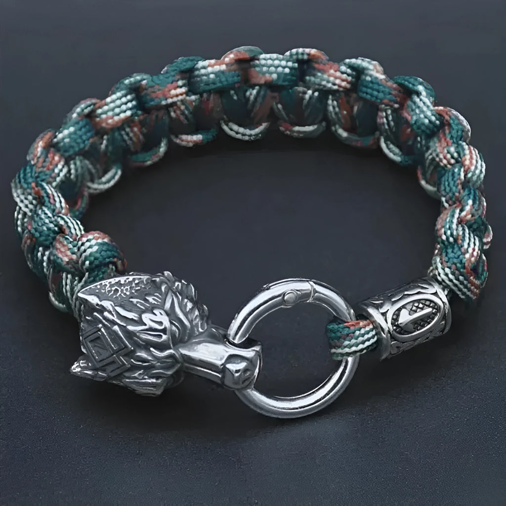 Handmade titanium steel wolf head bracelet with Luen character and camouflage finish