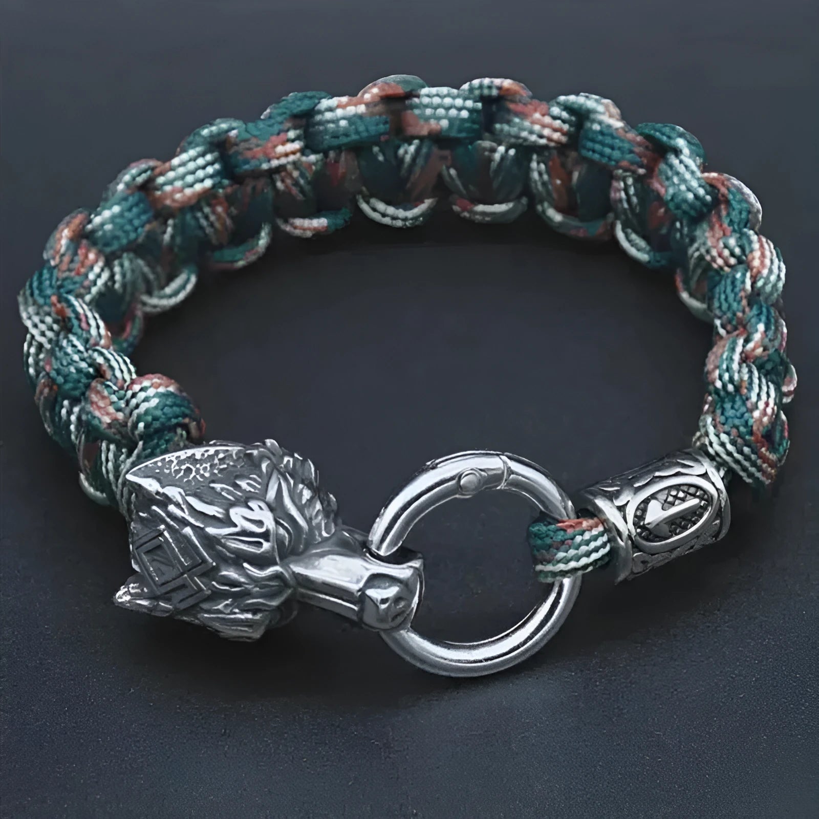 Handmade titanium steel wolf head bracelet with Luen character and camouflage finish