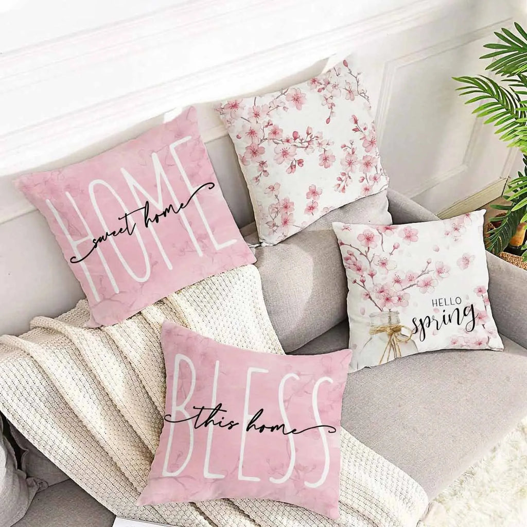 45cm square short velvet cushion cover with a spring cherry blossom letter design