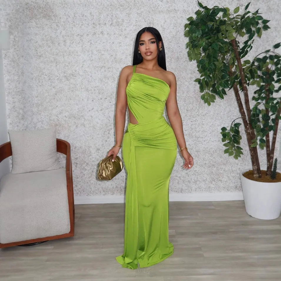 Women's one shoulder pleated dress in milk silk polyester fabric in white, orange or green
