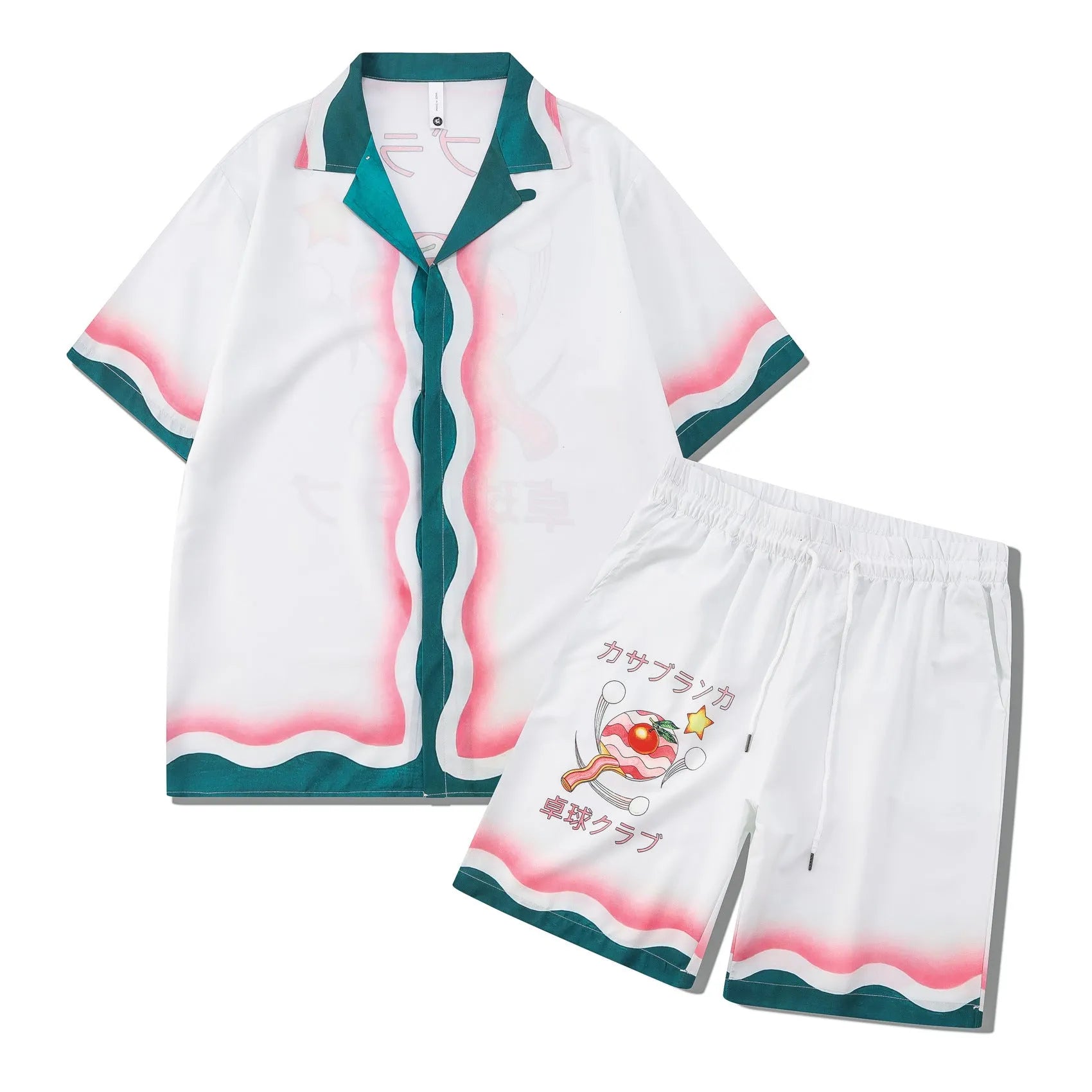 Plaid printed beach outfit set including short sleeve shirt and trousers for men and women