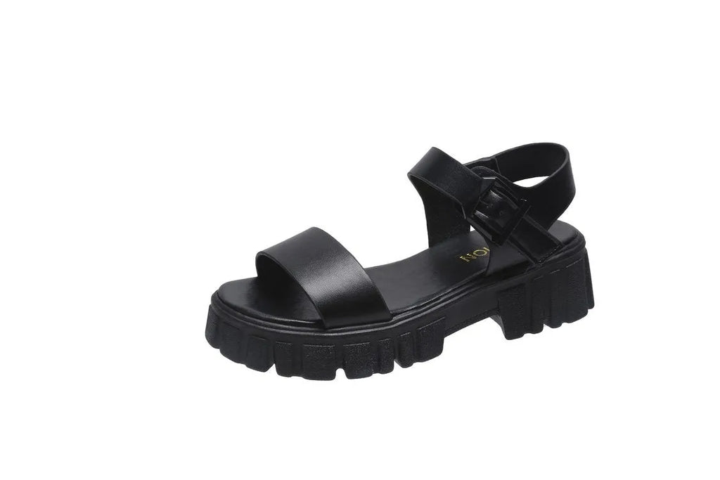 Women's beige platform sandals with ankle-strap buckle and peep toe fish mouth design on neutral background