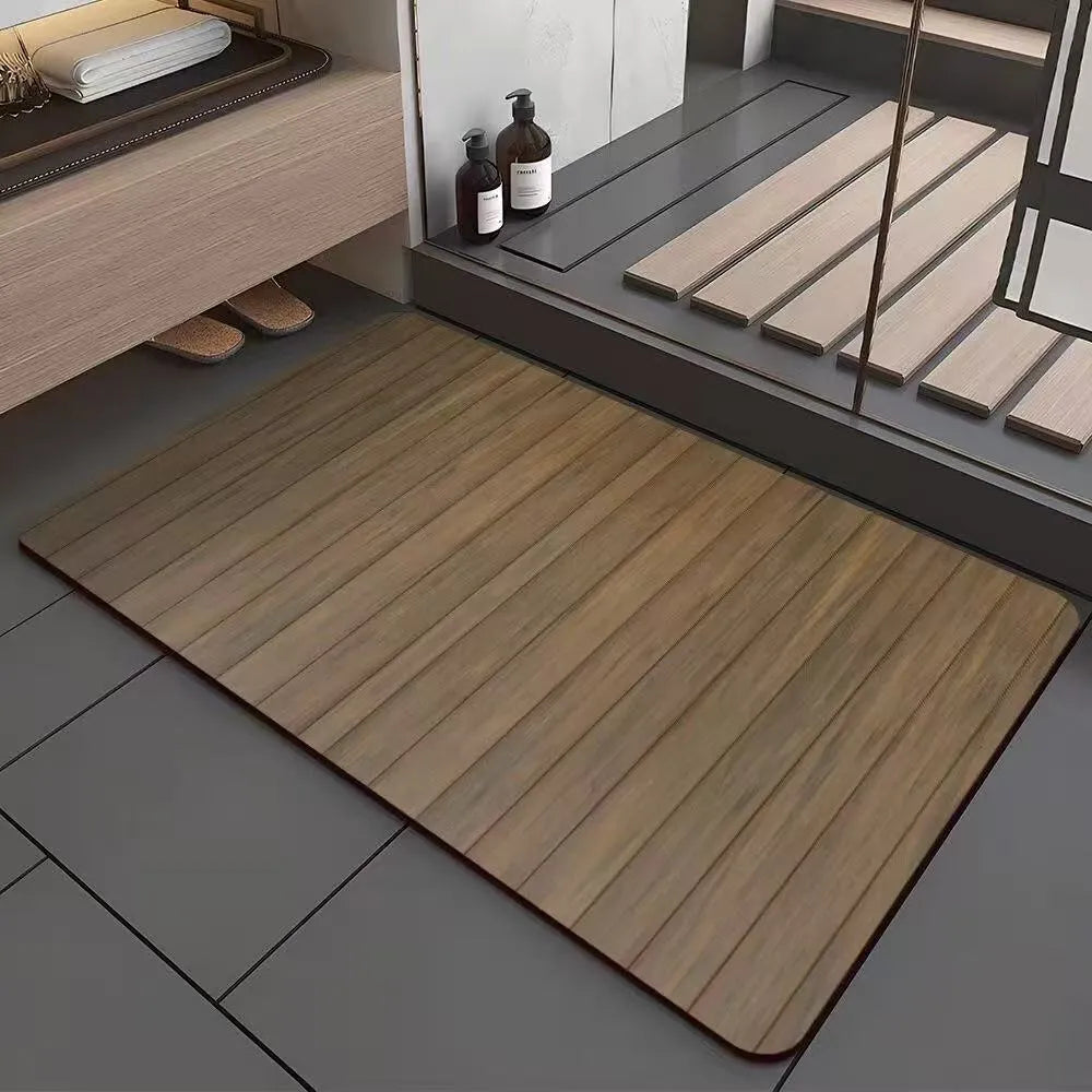 Square American-style wood grain geometric pattern floor mat for bathroom entrance.
