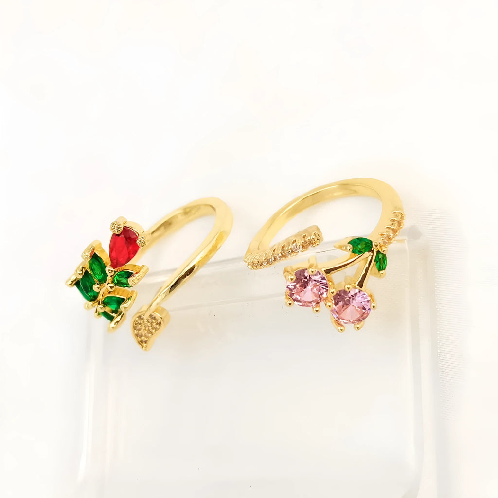 Women's copper gold-plated open ring with leaf geometric pattern and zircon stone accents