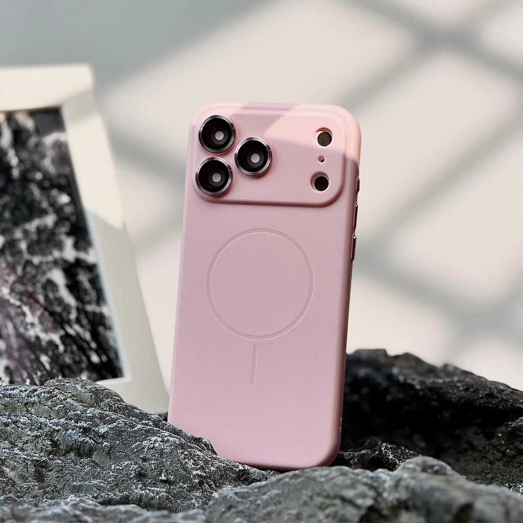 Frosted magnetic suction phone case with lens protector for iPhone 17 series in black, blue, grey, orange, pink, rose red or white.