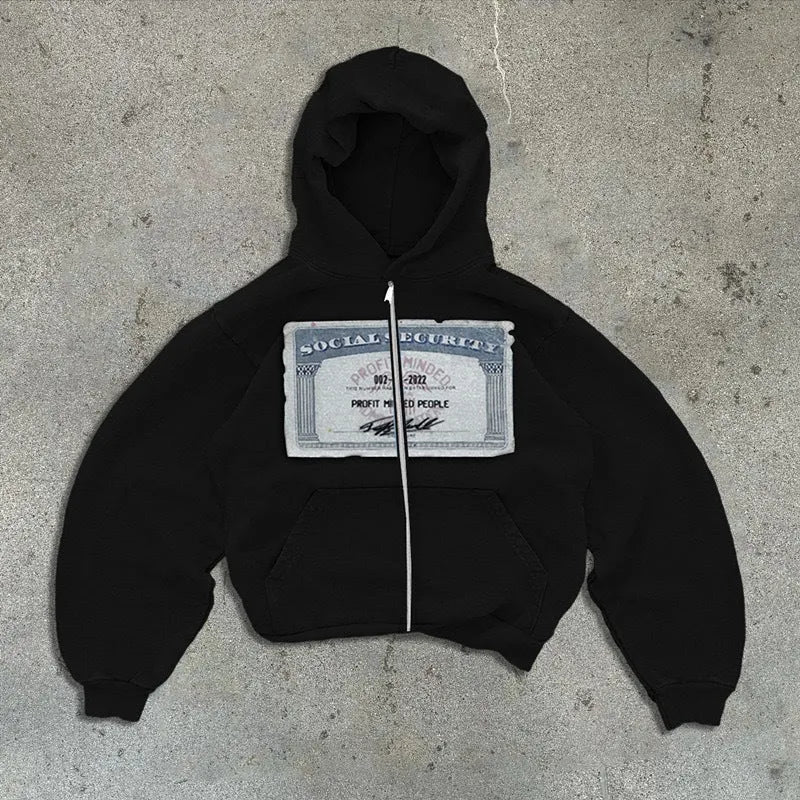 Unisex loose fit hooded zipper jacket in black, grey, or pink with a letter pattern and front pocket.