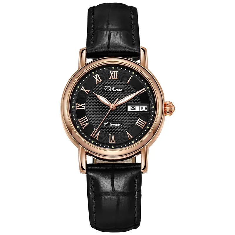 Women's fashion automatic mechanical watch with steel or leather strap options in multiple colours