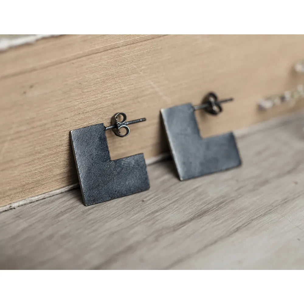 Square oxidised black sterling silver earrings with geometric minimalist design