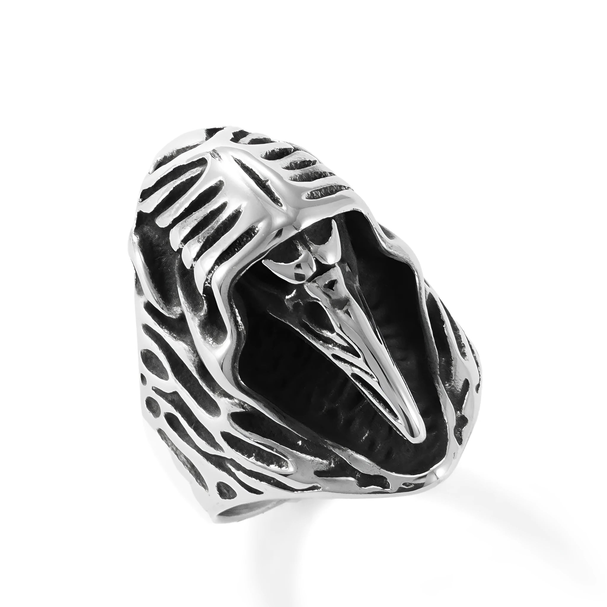 Geometric crow skull punk ring in MR166 colour with stainless steel construction showing detailed animal motif design