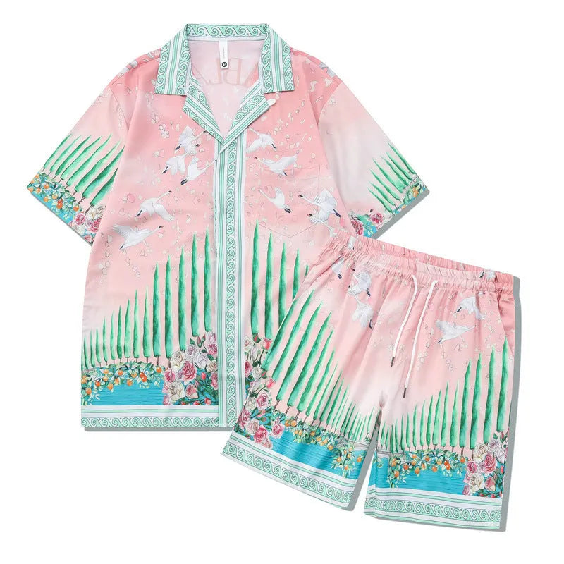 Plaid printed beach outfit set including short sleeve shirt and trousers for men and women