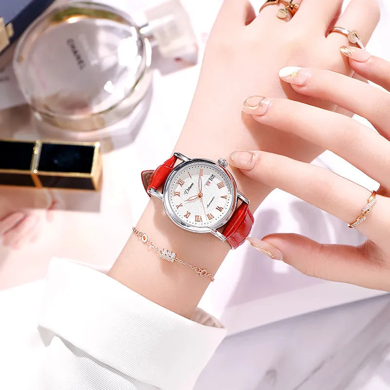 Women's fashion automatic mechanical watch with steel or leather strap options in multiple colours