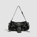 Black retro dumpling-shaped handbag with oil wax leather exterior and multiple internal compartments