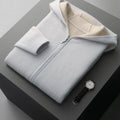 Men's dark blue cashmere cardigan with half-high collar and zip front