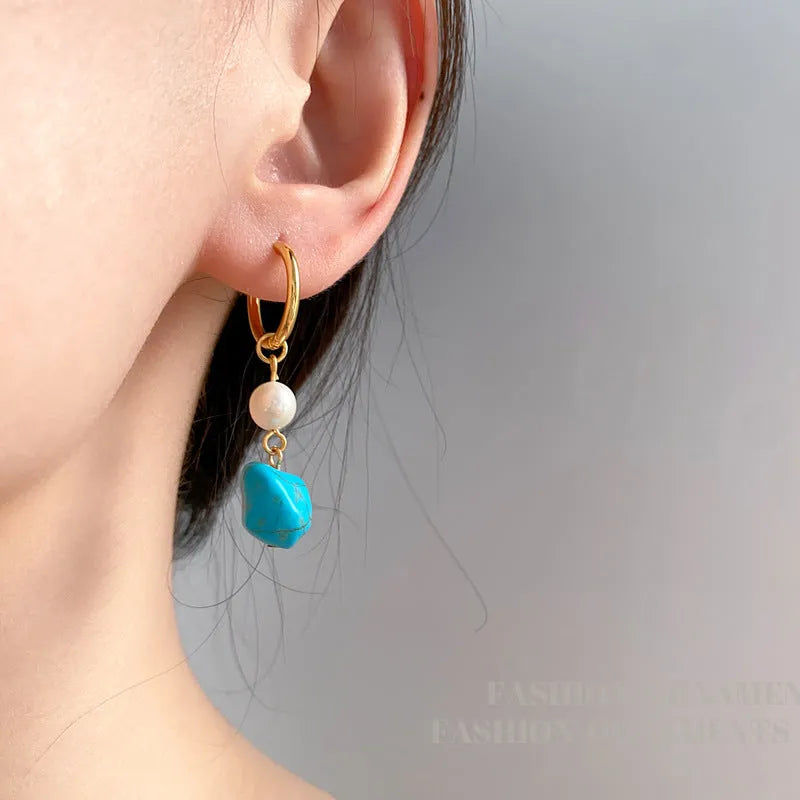 Copper geometric earrings with turquoise stones and cultured pearls in short and long drop styles