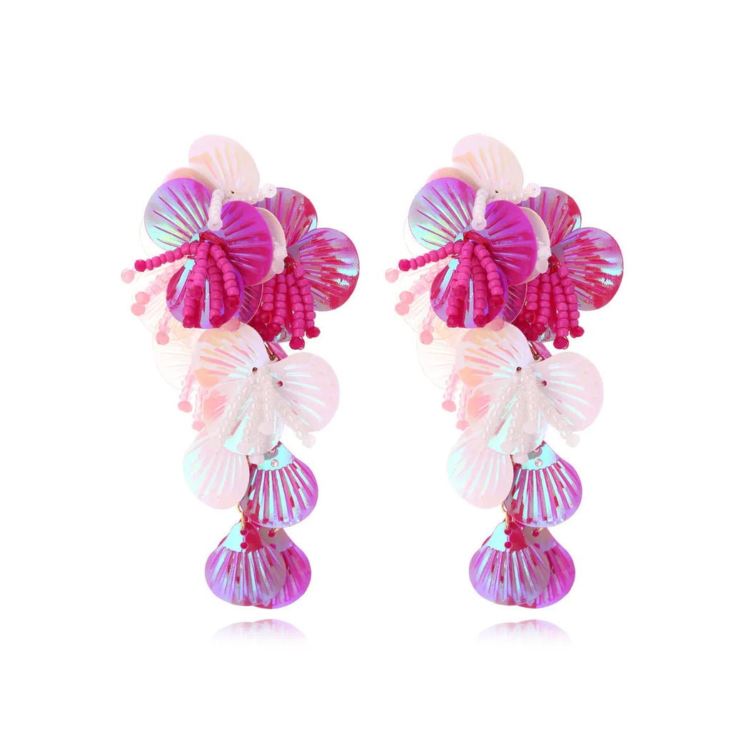 Handmade European style exaggerated dopamine string bead flower earrings in colourful, rose, or purple colours