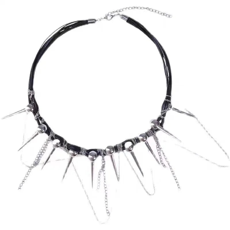 Women's leather winding tassel necklace with round beads and silver rivet details