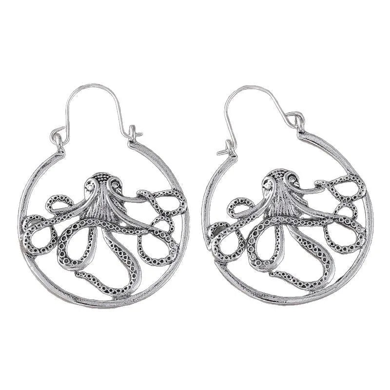 Antique silver octopus earrings with retro styling on zinc alloy construction