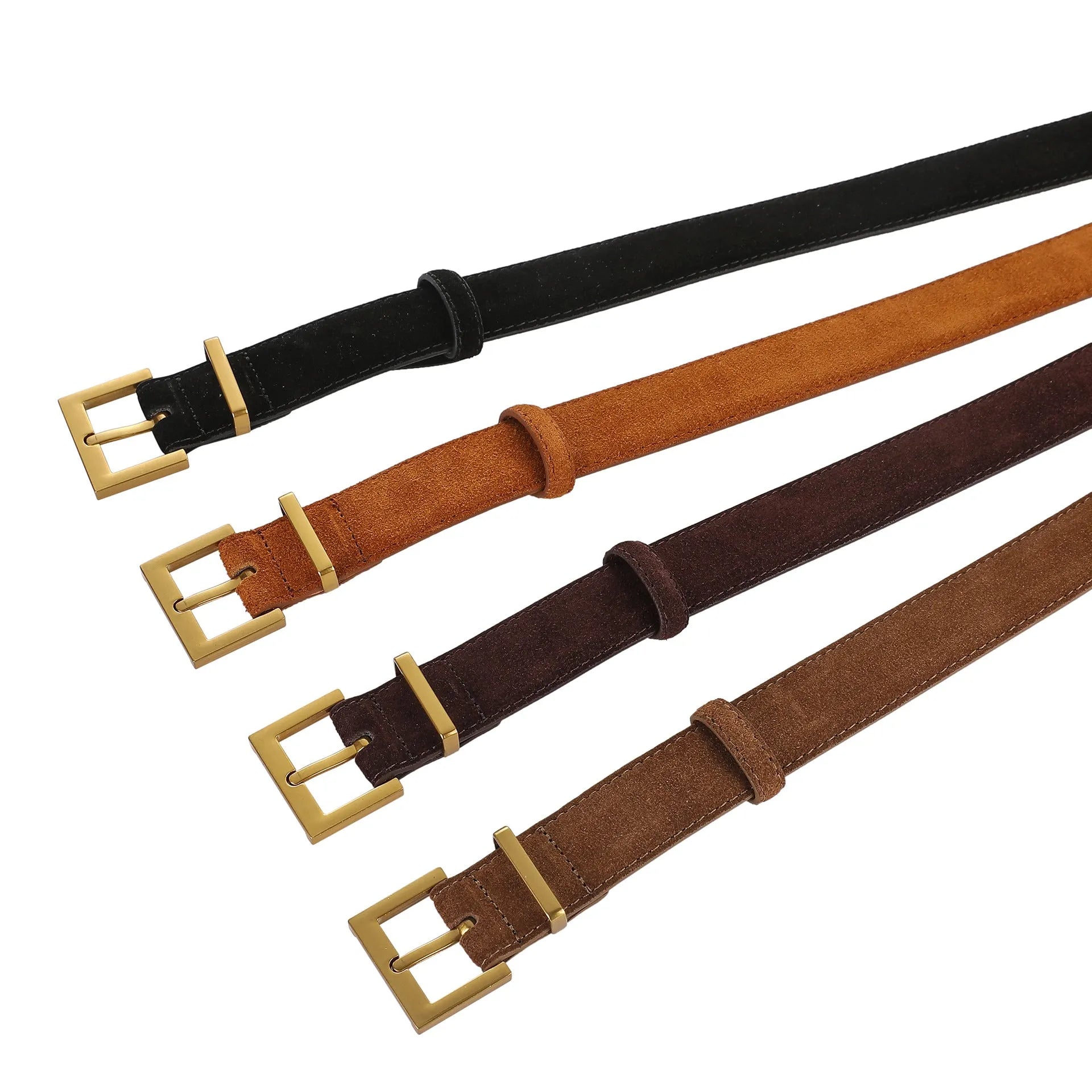Ladies leather pin buckle belt in brown colour showing quadrilateral design and alloy buckle