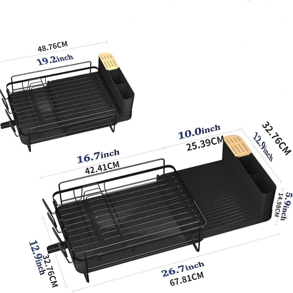 Foldable kitchen dish drain rack with retractable cutlery holder in carbon steel