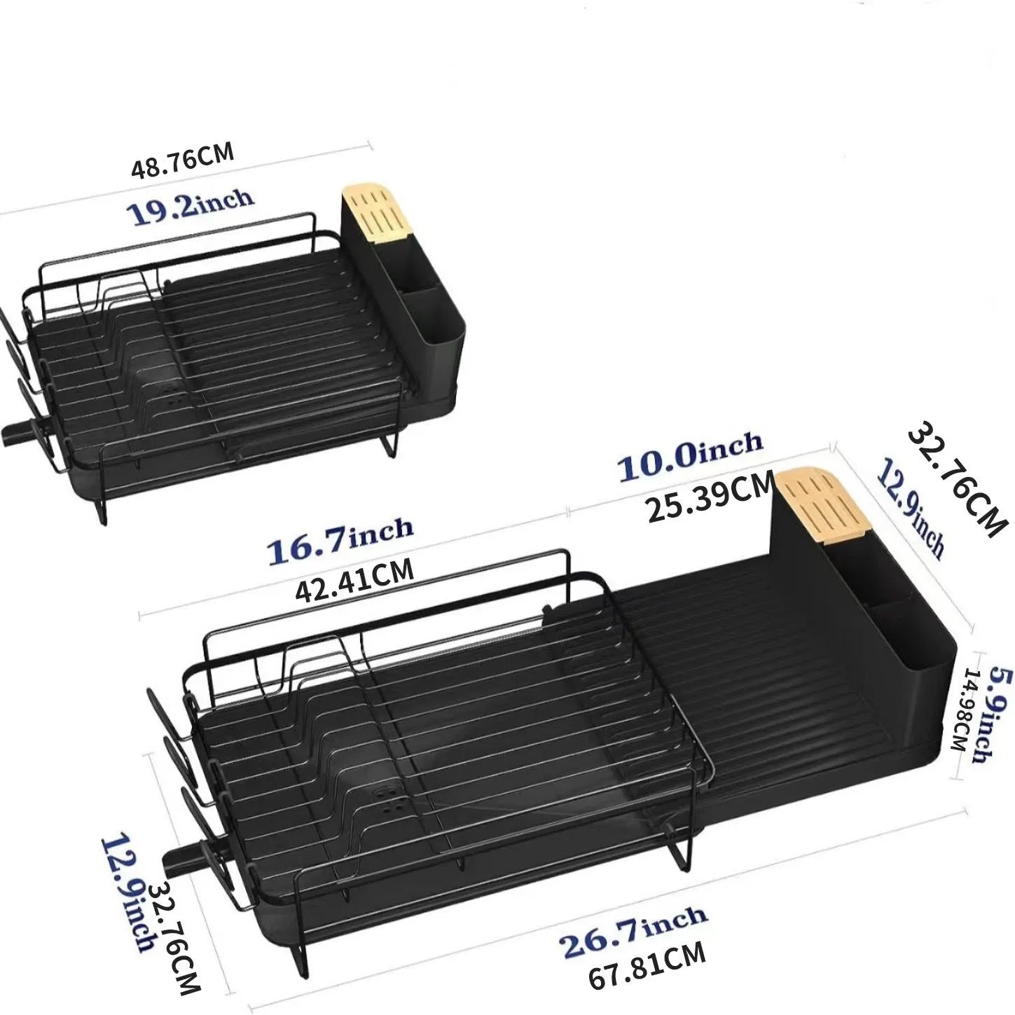Foldable kitchen dish drain rack with retractable cutlery holder in carbon steel