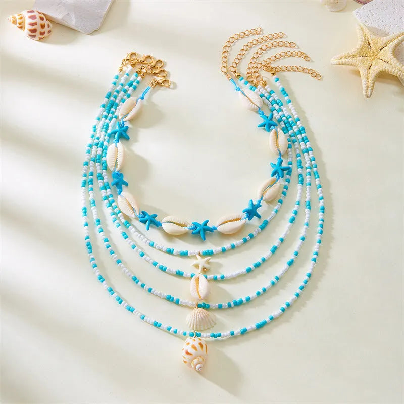 Multi-layer women's necklace set with starfish shell beads and adjustable chain