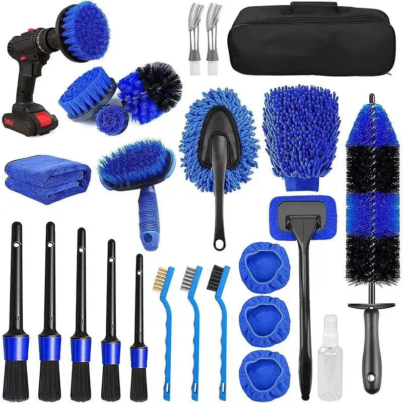 26-piece car cleaning brush set with PP handles for automotive detailing
