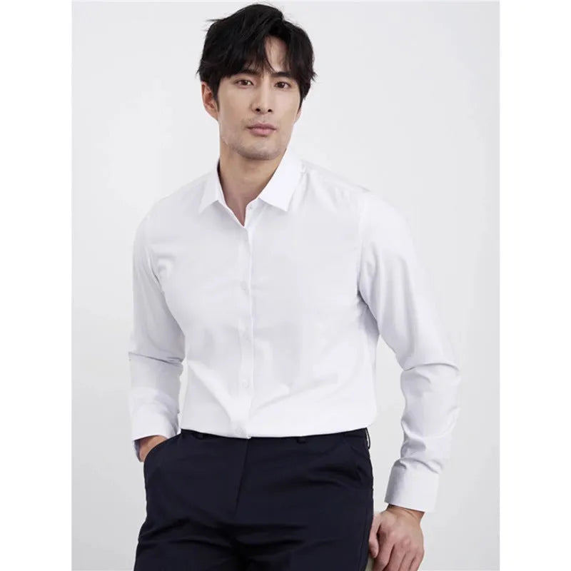 Wine red slim fit men's long sleeve shirt with non-iron polyester blend fabric