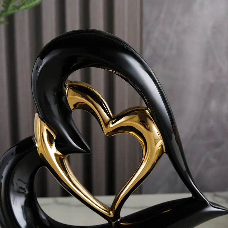 Modern white porcelain heart ornament with metallic finish in geometric design for living room or wine cabinet decoration