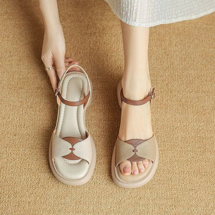Women's beige platform sandals with chunky heel and open toe design