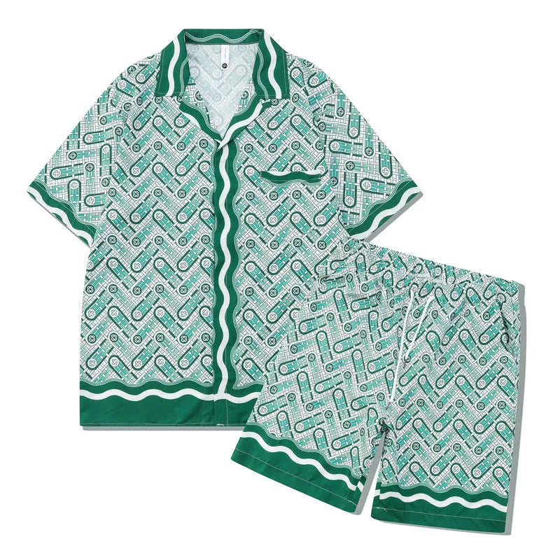 Plaid printed beach outfit set including short sleeve shirt and trousers for men and women