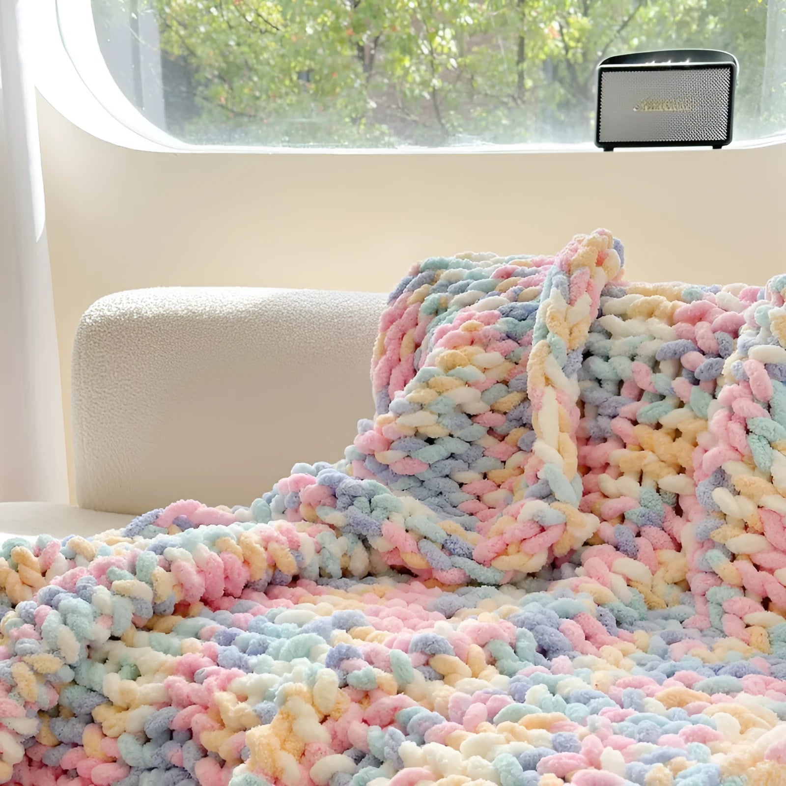 Handmade chenille blanket with striped pattern from section dyeing in 130x170cm size