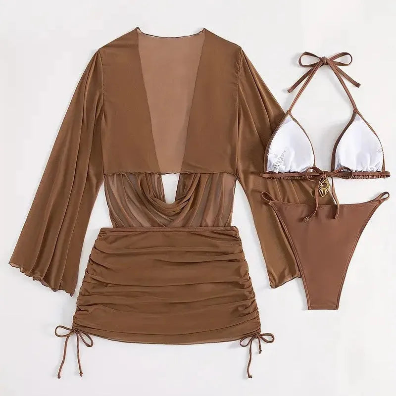 Dark brown women's lace-up backless bikini swimsuit set on a model, showing sleeveless design.