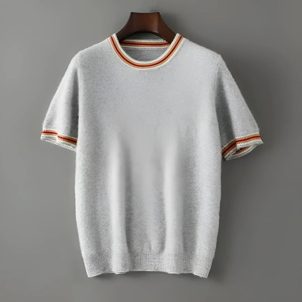 Men's round neck short sleeve pure wool sweater in grey on hanger