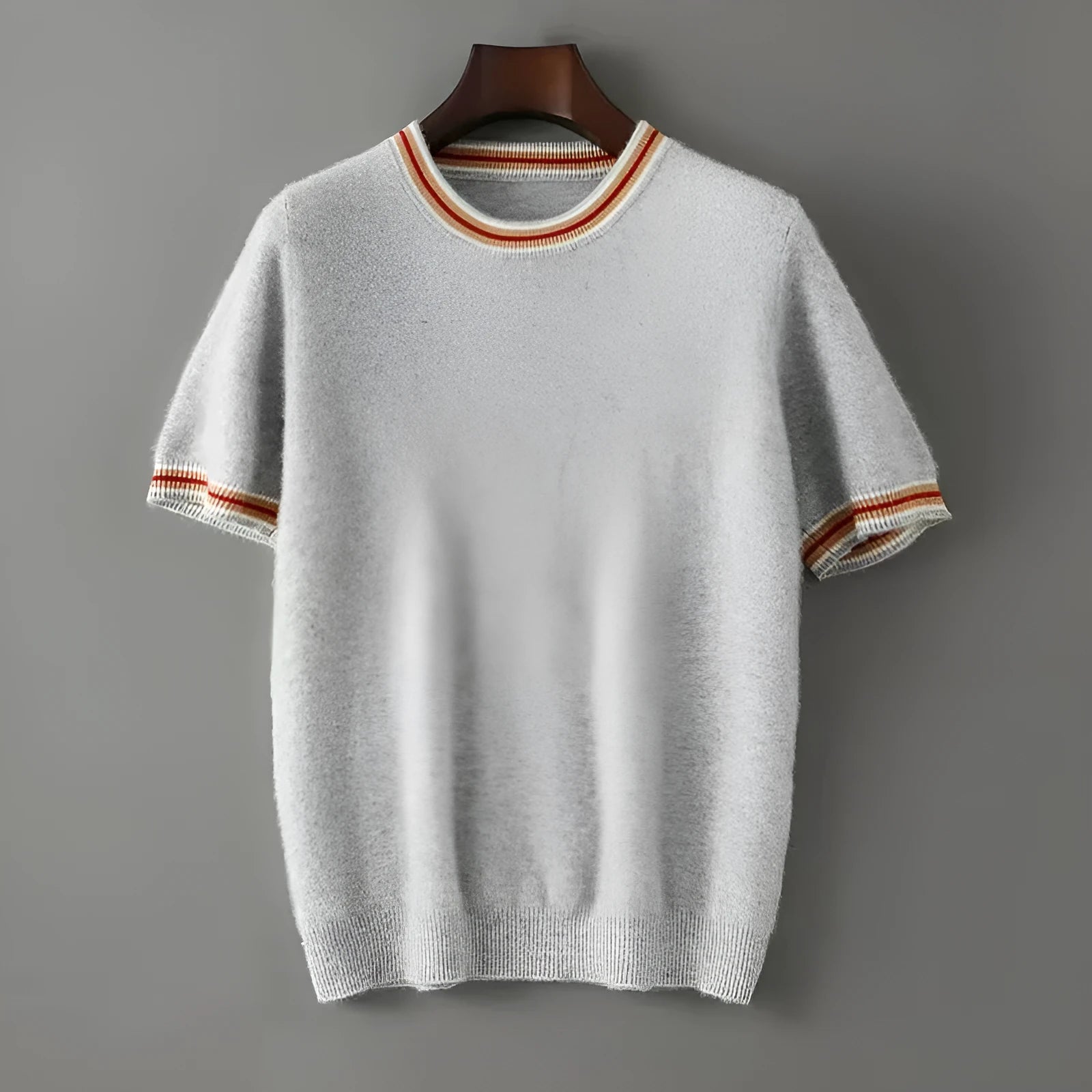 Men's round neck short sleeve pure wool sweater in grey on hanger