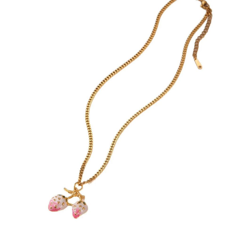 Stainless steel strawberry fruit pendant necklace for women showing red and white gradient colour options
