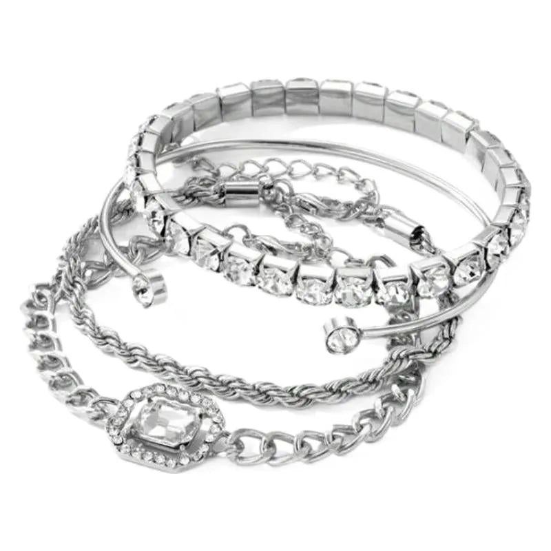 Women's geometric retro alloy bracelet set with square diamond patterns in gold or silver four-piece collection