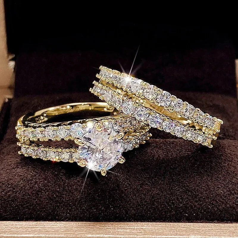 Geometric 2 in 1 fully-jewelled female ring set in silver, gold, and rose gold colour options.