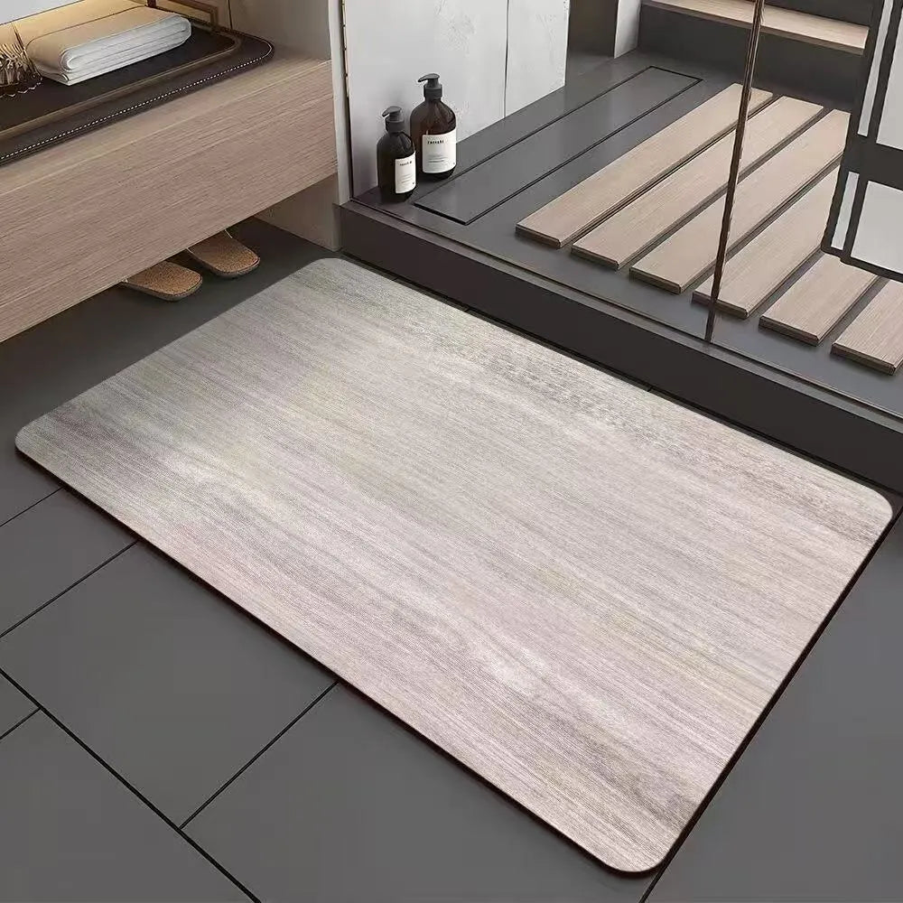 Square American-style wood grain geometric pattern floor mat for bathroom entrance.