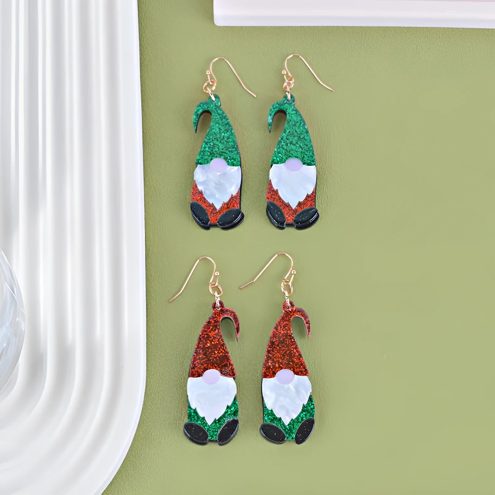 Cartoon Santa Claus acrylic earrings with Christmas hats in red, green, or mixed colours
