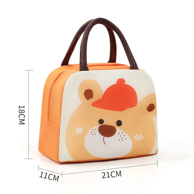 Cartoon children's insulated lunch box bag in choice of seven animal designs like orange bear and green dinosaur.