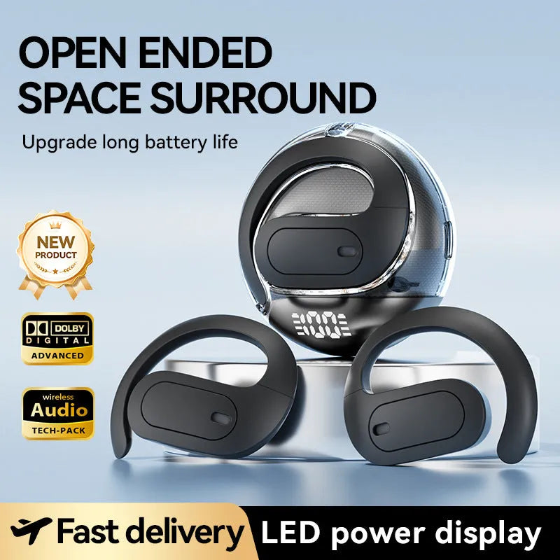 Ai Intelligent Translation OWS Bluetooth headset in M112 Black, clip-on style with digital display screen