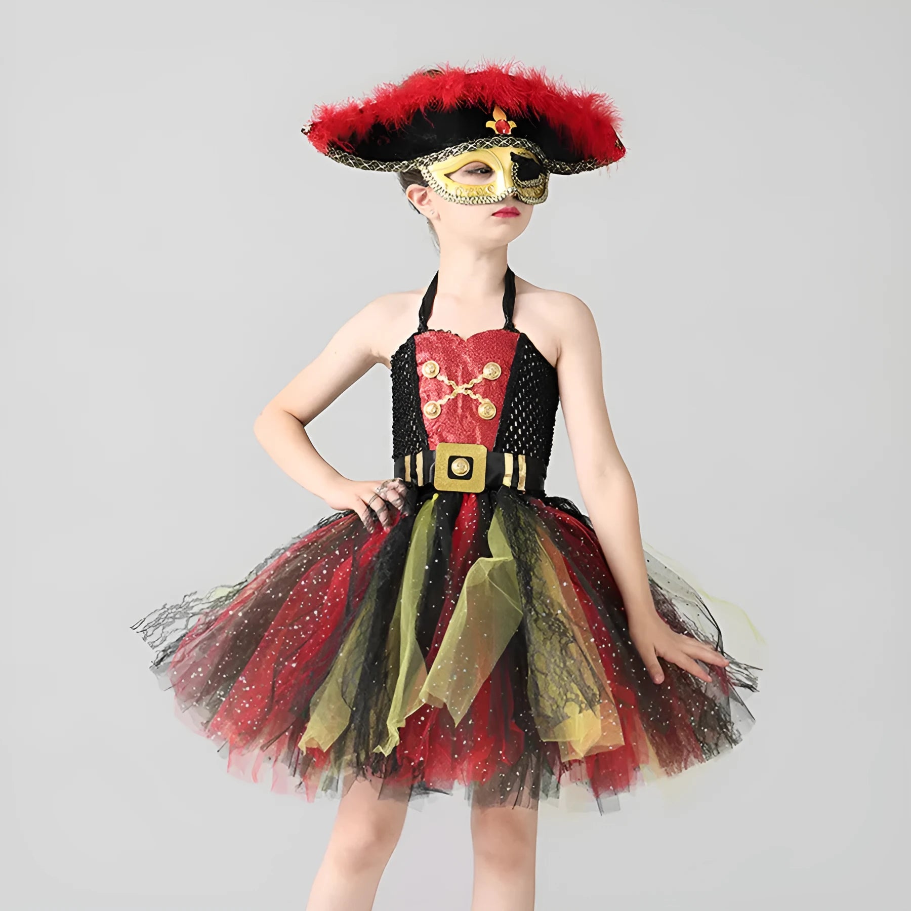 Girls pirate costume Halloween dress with sequins and mesh detailing in pirate skirt design