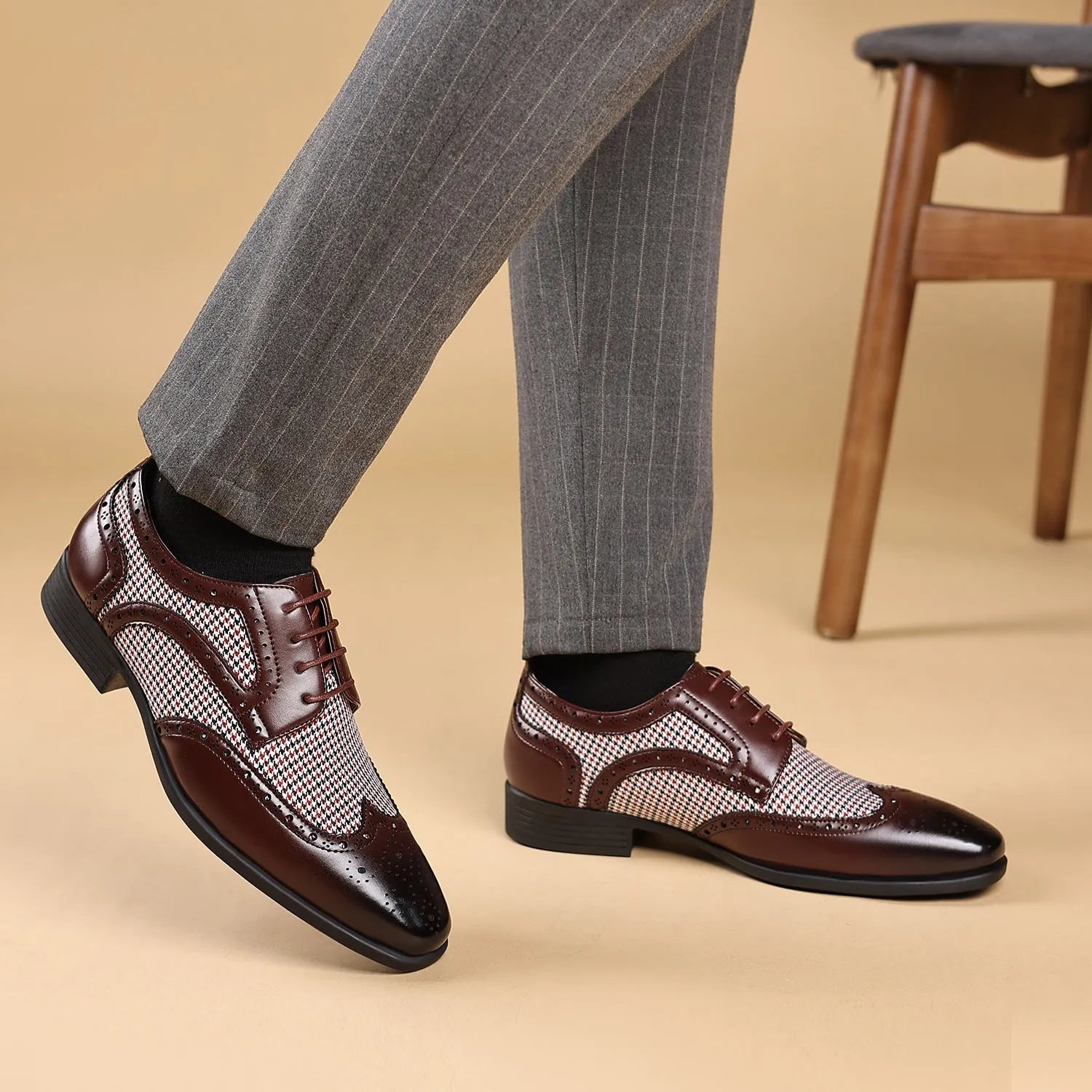 Men's black houndstooth plaid canvas casual shoes with square toe and lace-up front.
