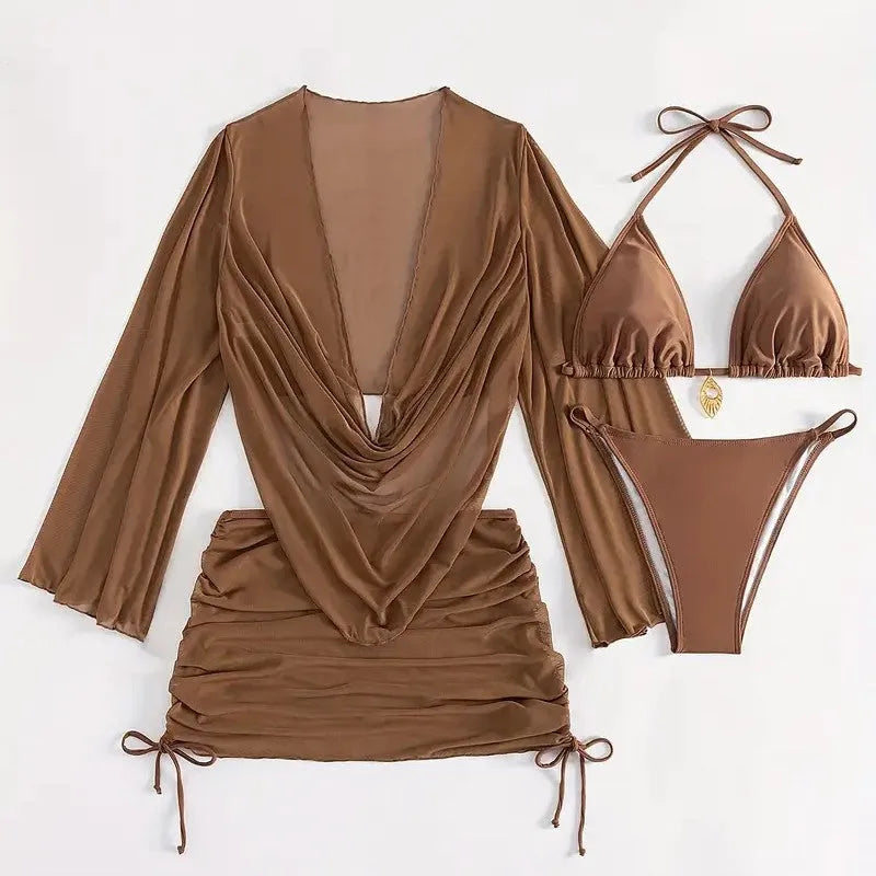 Dark brown women's lace-up backless bikini swimsuit set on a model, showing sleeveless design.