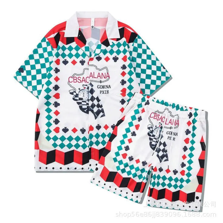 Plaid printed beach outfit set including short sleeve shirt and trousers for men and women